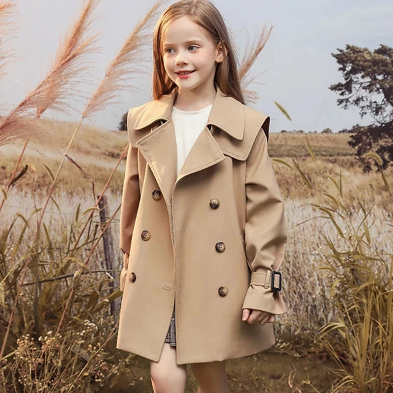 3-14 years Spring Autumn Girls Windbreaker Trench Coat Windproof Children Kid's Mid-Length Jacket Coat Baby Teenagers Overcoat