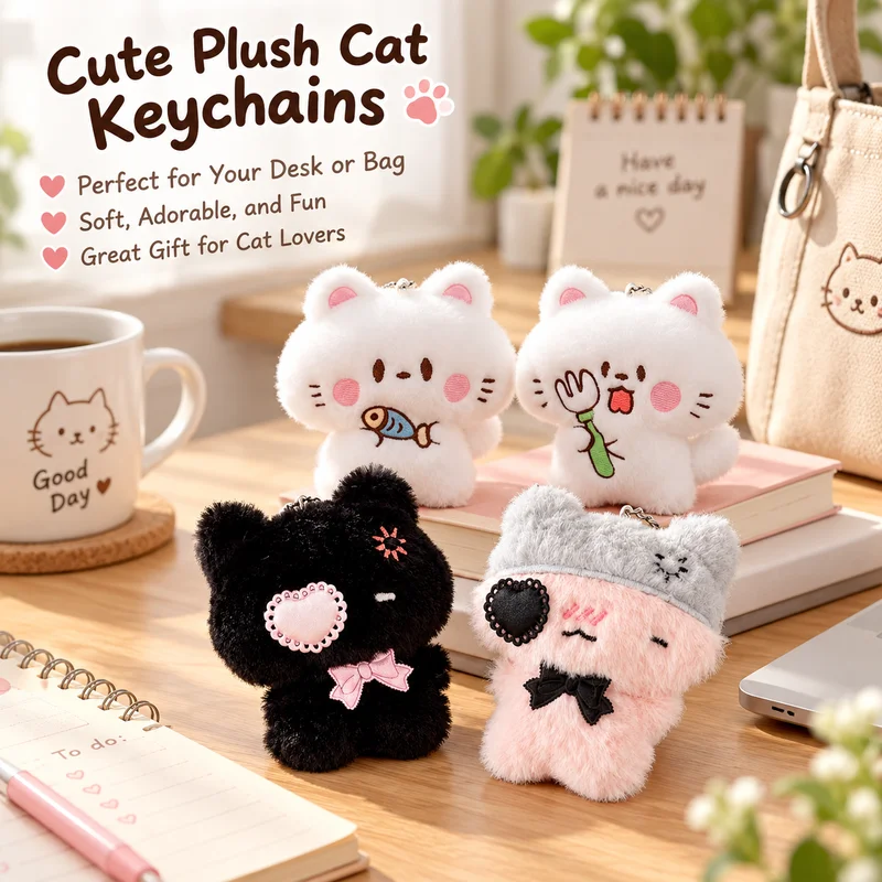 Adorable Fluffy Cat Plush Keychain - Soft Cartoon Pendant