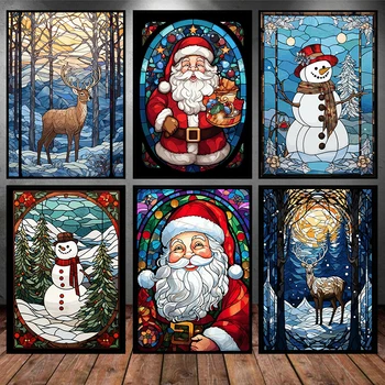 Vintage Holiday Christmas Winter Canvas Painting Santa Claus Snowman Wall Art Posters Prints Picture for Living Room Home Decor