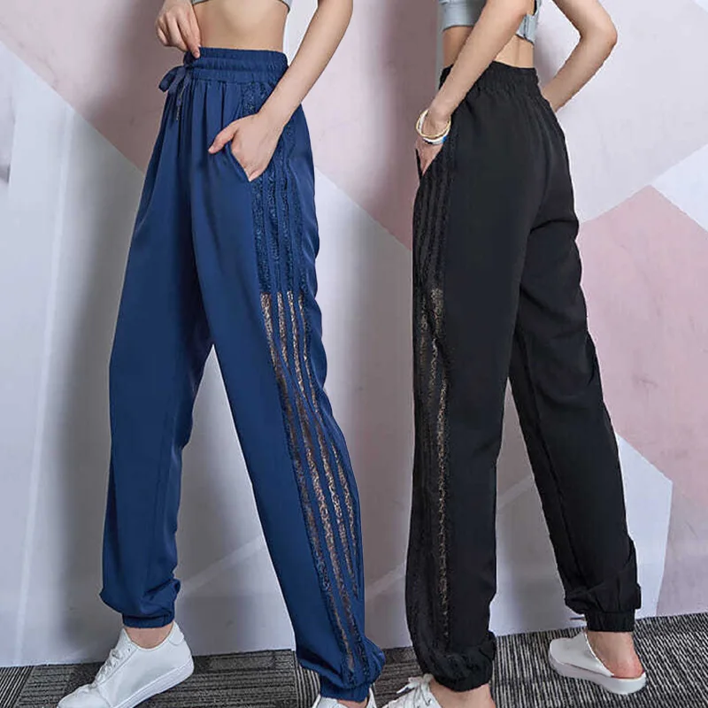 

Women's Full Length Hollowed Out Quick Drying Sports Pants Spring/summer Korean Drawstring Elastic Side Breathable Pants