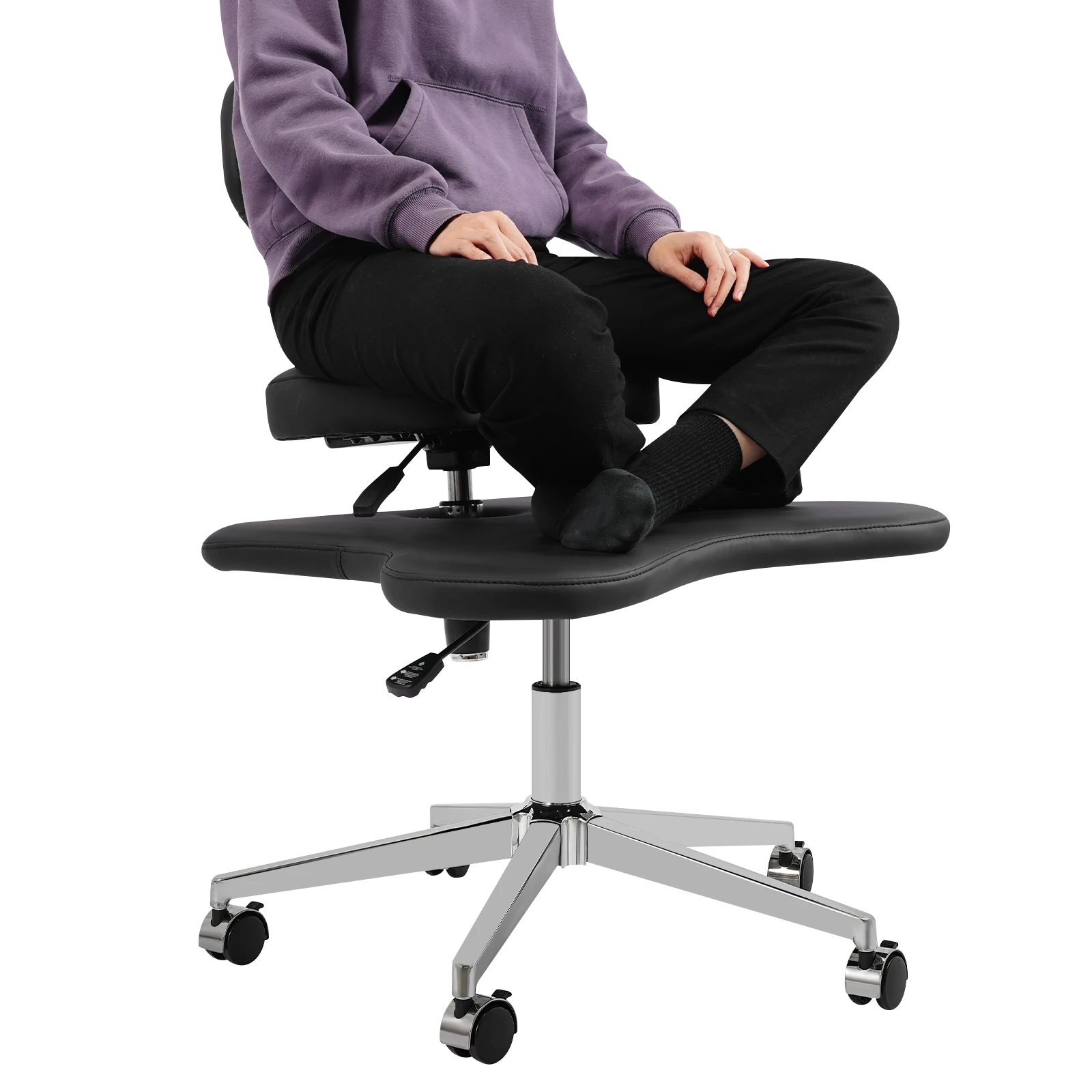 Schwarzer Bürostuhl mit gekreuzten Beinen, überkreuzter Stuhl mit Rollen, Meditationsstuhl für Orte wie Yoga-Studio, Büros – Detail 7