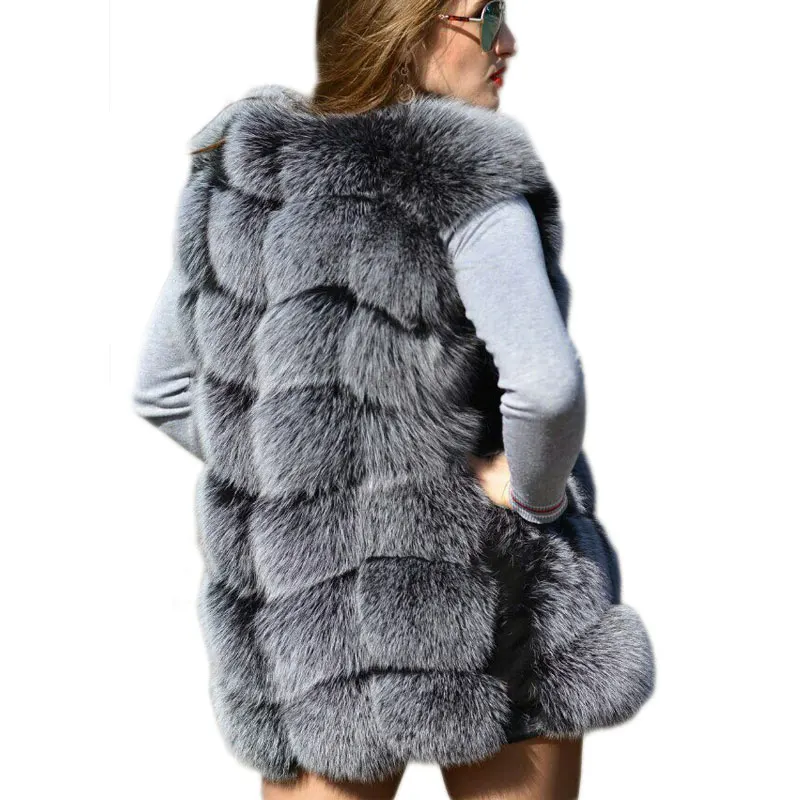 Faux Sliver Fox Fur Vest Women Winter Fashion Medium Long Artifical Fox Fur Vests Woman Warm Fake Fox Fur Coats Female Ladies parka coat