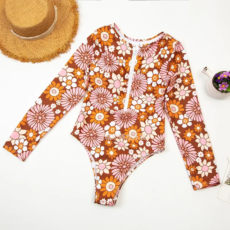 New One-piece Swimsuit Long-sleeved Sunscreen Printed Zipper One-piece Swimwear Summer Beach Wear