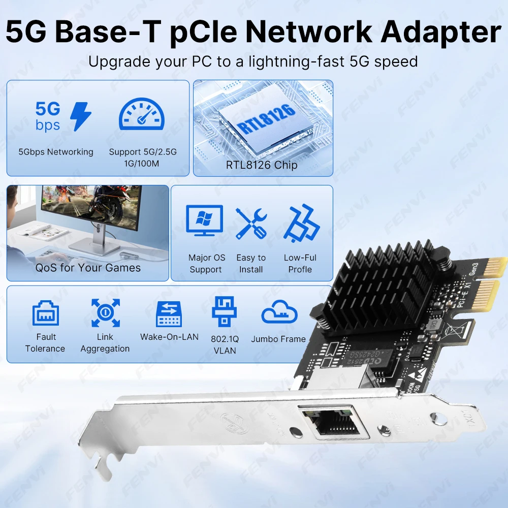 5G PCIE-RJ45 네트워크 카드 RTL8126 10/100/2500/5000Mbps 1Gbps/5Gbps RJ45 인터페이스 Win7/10/11용 기가비트 이더넷 PCI Express