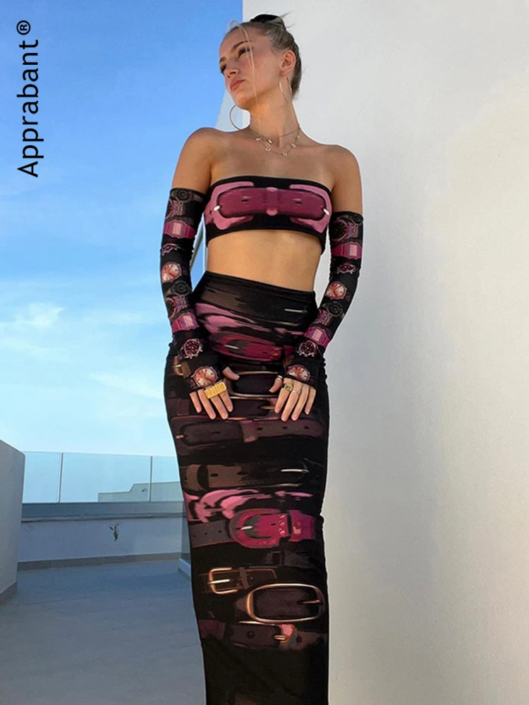 

Apprabant Summer Personality Fashion Skirt Suit Printed Breast Wrap Crop Top + Removable Sleeve + Slim Long Skirt suit