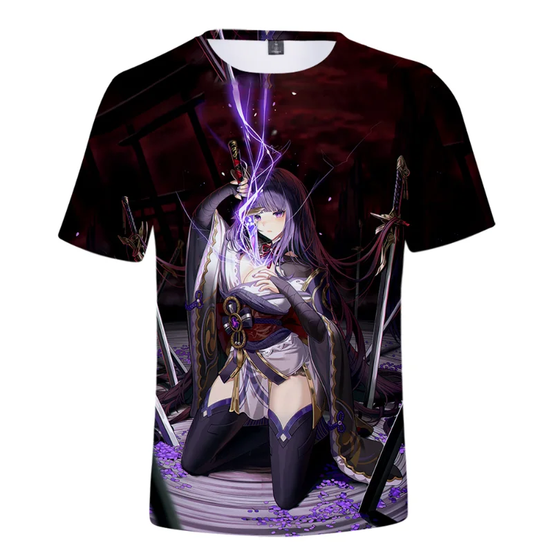 

Genshin Impact Anime Figure Raiden Shogun Graphic T Shirts Men Women Summer Casual Oversized T-shirt Fashion Harajuku Streetwear