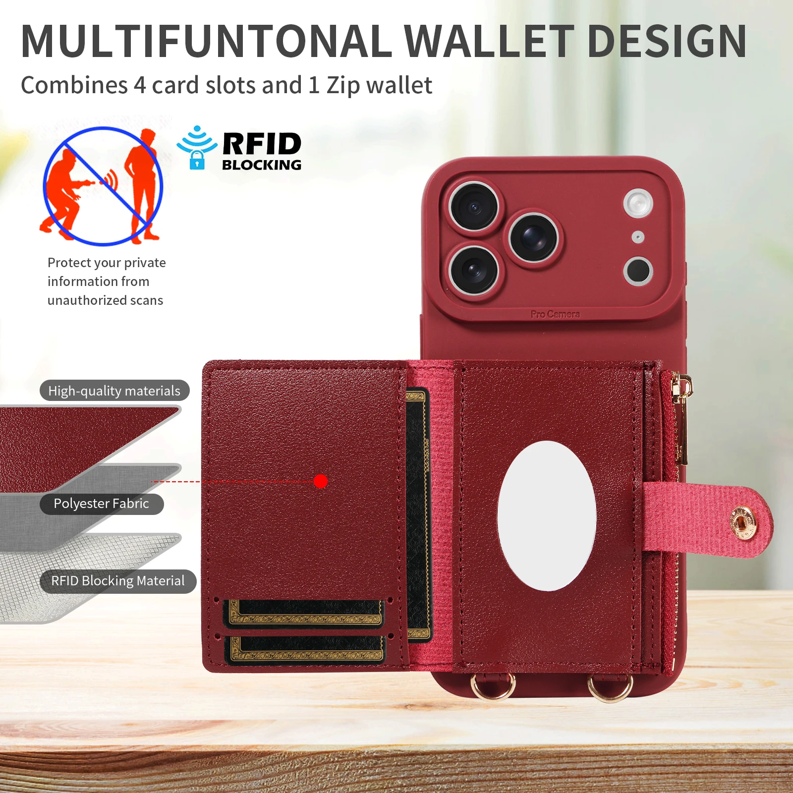 Leather Phone Case with Mirror & Pearl-Studded Strap - Shockproof Cover