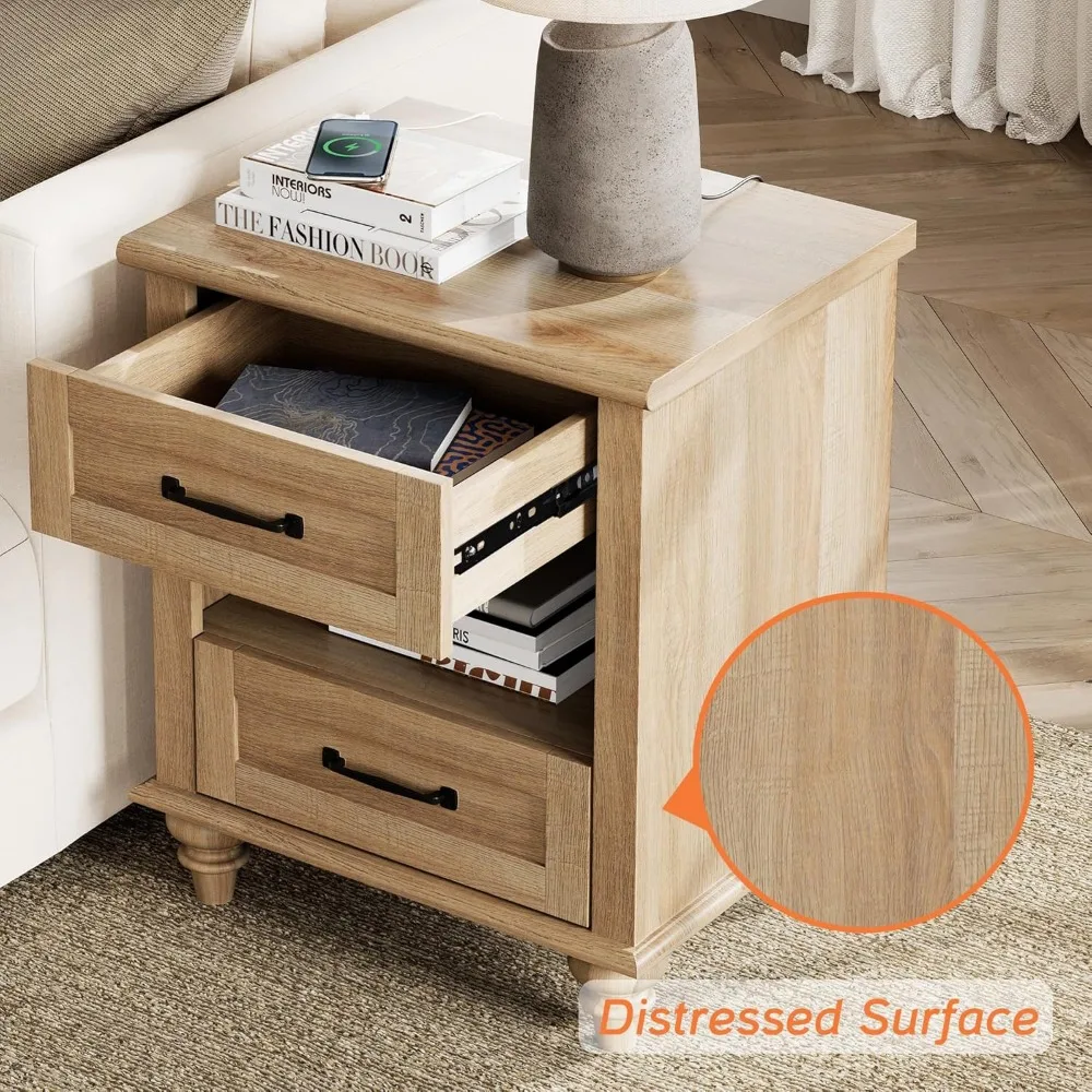 Set of 2 Nightstands with Drawers & Charging Station, 2 Pack with Solid Wood Feet, Nightstands 6