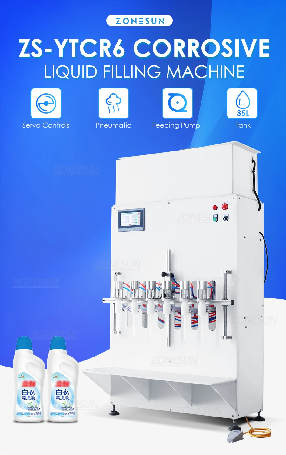 ZONESUN ZS-YTCR6 Коррозионно-кислотная машина для розлива жидкостей Дезинфицирующее кислотно-щелочное дезинфицирующее средство Отбеливатель Наполнитель для бутылок 