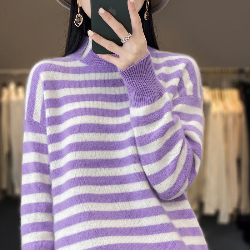 

100% Pure Wool Women's Pullover Sweater Casual Fashion Knitted 2023 New Half High Collar Women's Full Sleeve Cashmere Sweater