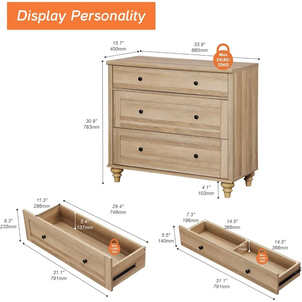 Farmhouse Nightstand with 3 Drawers, Set of 2 Large 3 Drawers Wood Bedside Table Night Stand, Wide Sofa Side End Table Chest 5