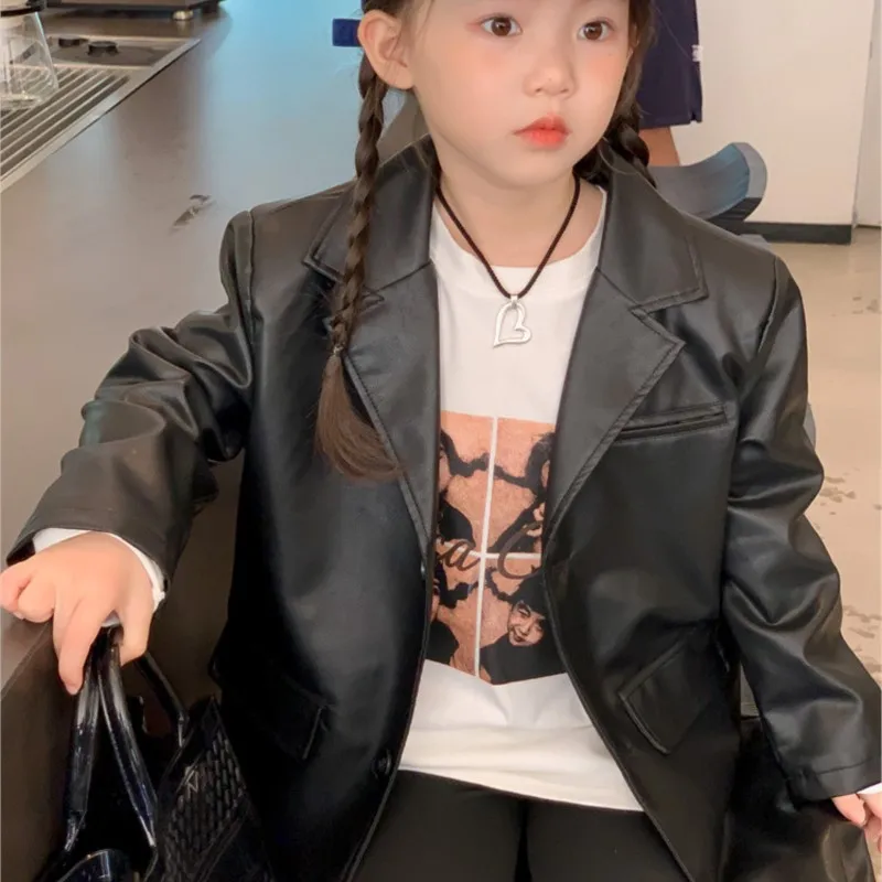 Baby Girl Boy PU Leather Suit Jacket Spring Autumn Infant Toddler 1-12Y Black Leather Coat