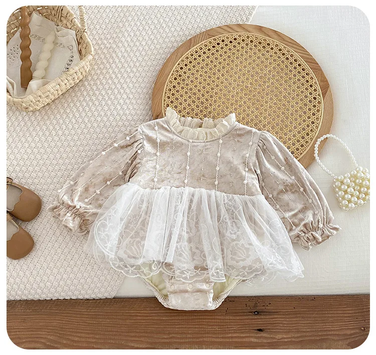 Koreanische Baby Mädchen Prinzessin Spitze Strampler Neugeborenen Lange Ärmeln Baumwolle Overall Mädchen Verdickt Bodys 0-24M Kinder Kleidung – Detail 3