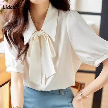 Summer Clothes Solid Color Chiffon Ribbon Short Sleeve PleatedBlouse Women Versatile Bow Notched Loose Button Chic Shirt