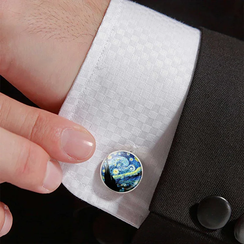 Van Gogh Oil Painting Glass Alloy Crystal Cufflinks Starry Night Sunflower Men Shirt Accessories