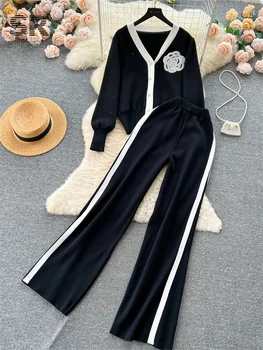 SINGREINY OL Floral Two Piece Knit Set Women Long Sleeve Fashion Cardigan Elastic Waist Casual Winter Sweater Long Pants Suit 4