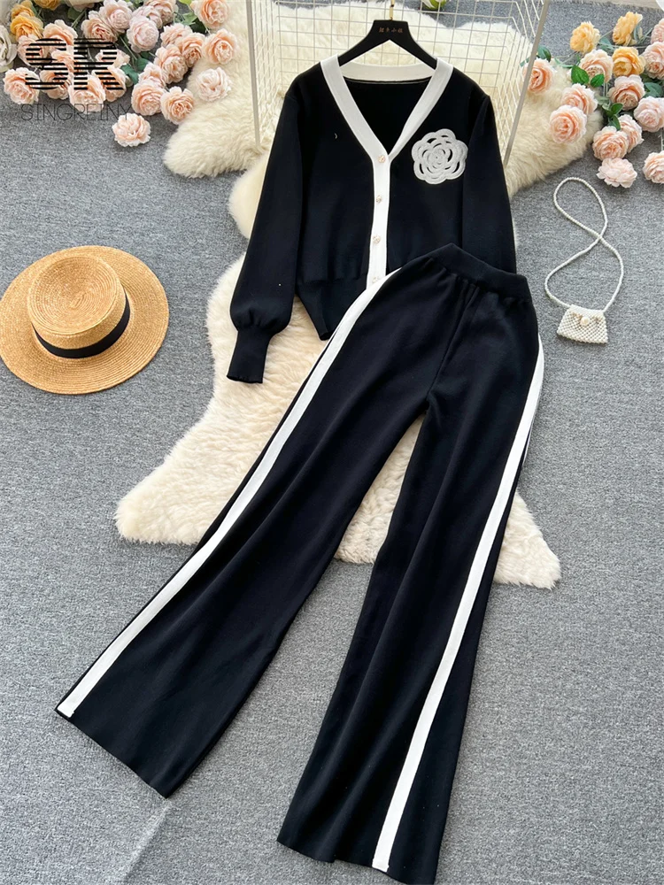 SINGREINY OL Floral Two Piece Knit Set Women Long Sleeve Fashion Cardigan Elastic Waist Casual Winter Sweater Long Pants Suit 4