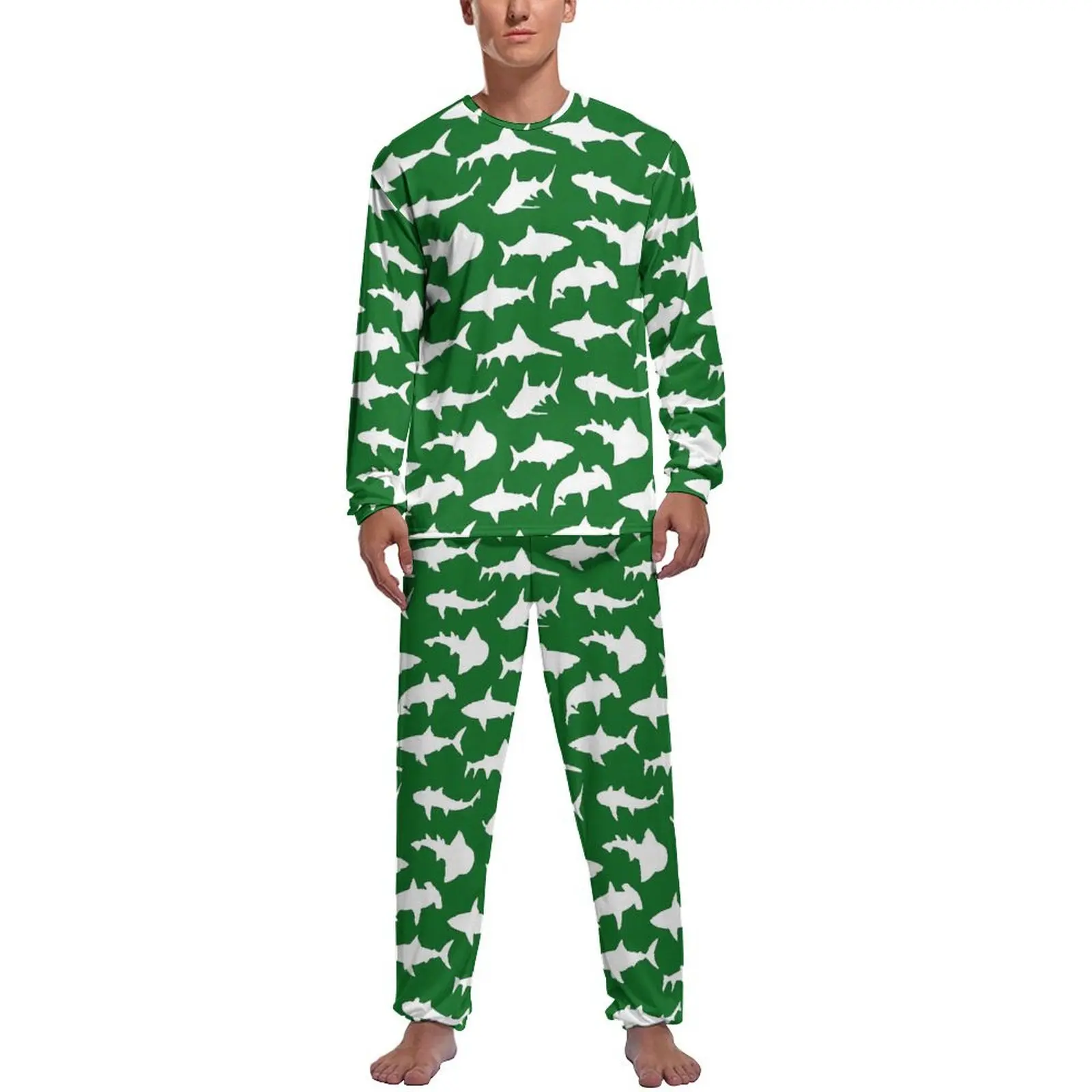 thumbnail image 1 of Pijama de tiburón con acuarela y estampado de arte pop para hombre, conjunto de pijama de manga larga, 2 piezas, estampado de primavera, regalo de cumpleaños, 1 of 5