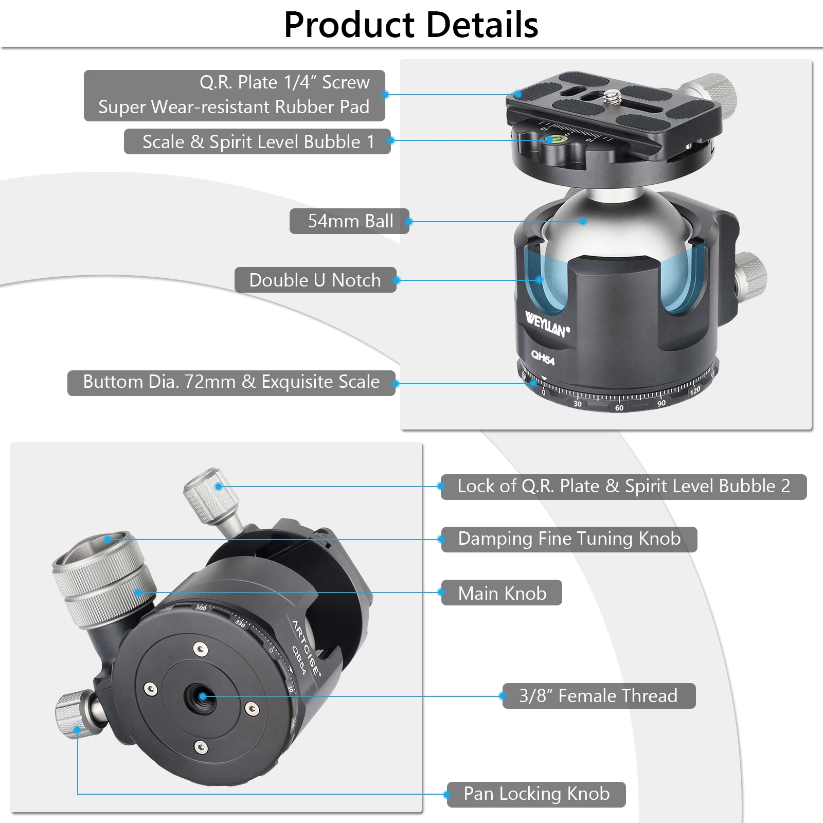 QB54 Tripod Head Professional 54mm Heavy Duty Metal Ball Head 360° Panoramic Cam