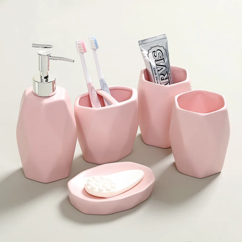 Pink Ceramic Bathroom Toiletry Set Pure Color Bathroom Five-piece Set Household Accessories Set Press Bottle Bathroom Kit Suppli