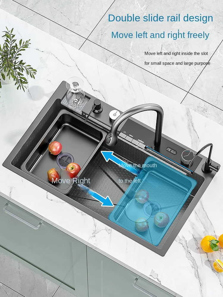 Mexican inclusive tax Hot sale modern multifunction waterfall kitchen sink 304 stainless steel single bowl black rainfall kitche 2