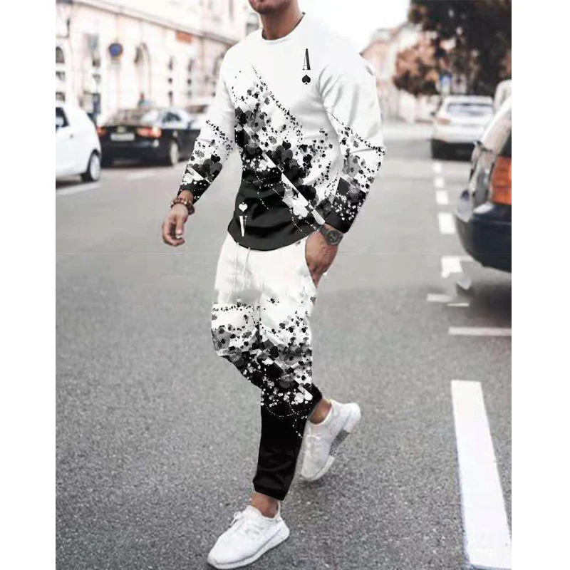 

Long Sleeve T-shirt Set for Men Poker Printed Sports Suits Trousers 2-piece Autumn Streetwear Casual Outfits Oversized Clothing