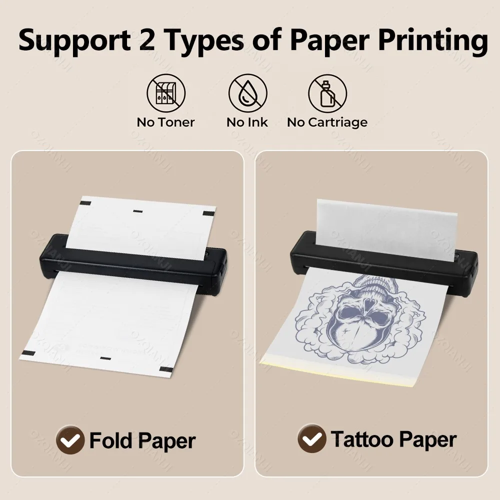 Inkless A4 Thermal Printer with 50pcs Thermal Folded Paper Mini Bluetooth Portable Tattoo Stencil Maker Tattoo Transfer Paper