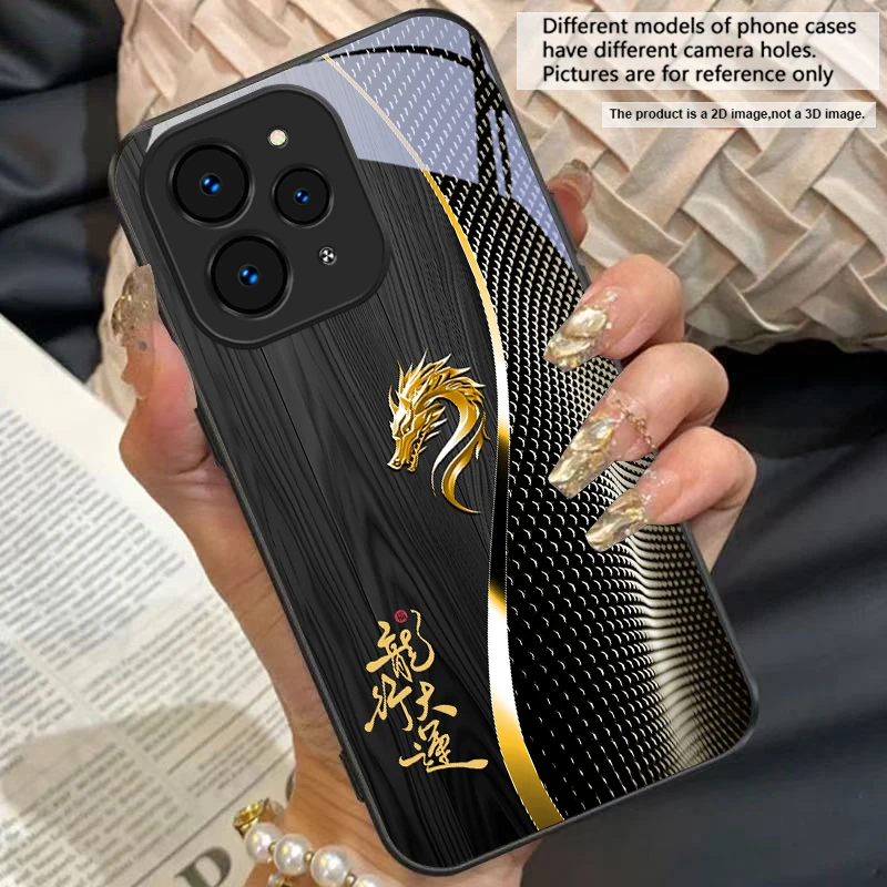 Elegant Black Tempered Glass Phone Case with Traditional Dragon Totem Design