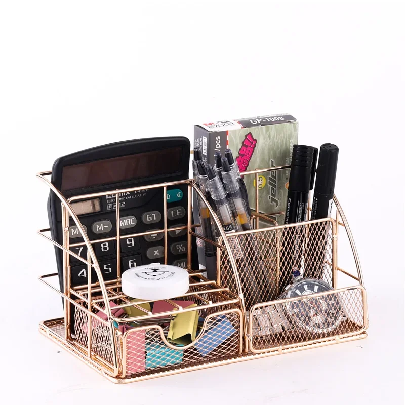 Stationery Organizer Fashion Iron Mesh Desk Pen Holder with Drawer