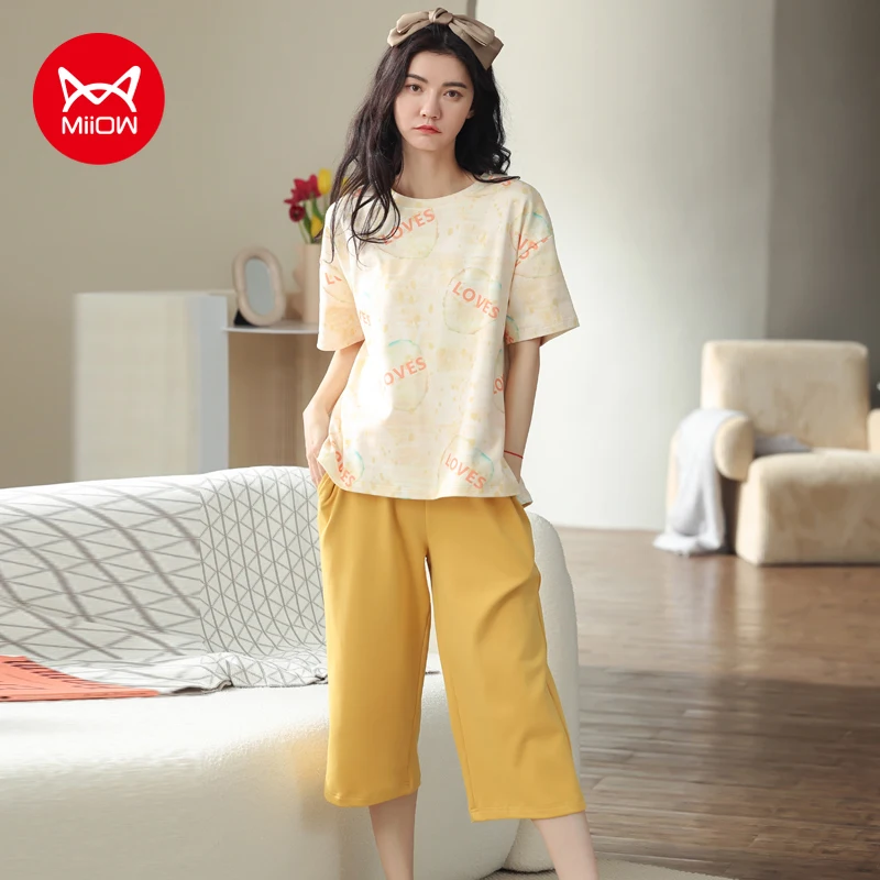 MiiOW KY-7030 Summer Women's Pajamas Set Short Sleeve Shorts Cotton Printed