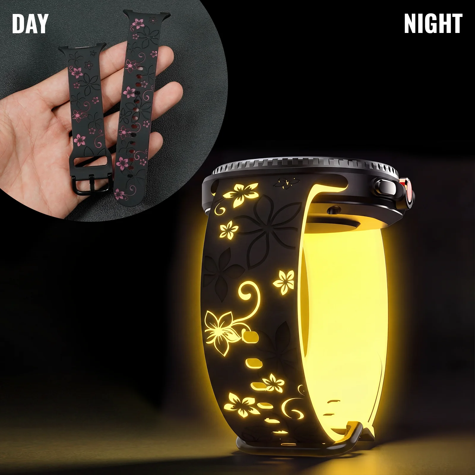Two-Tone Engraved Print Luminous Silicone Smartwatch Wristband