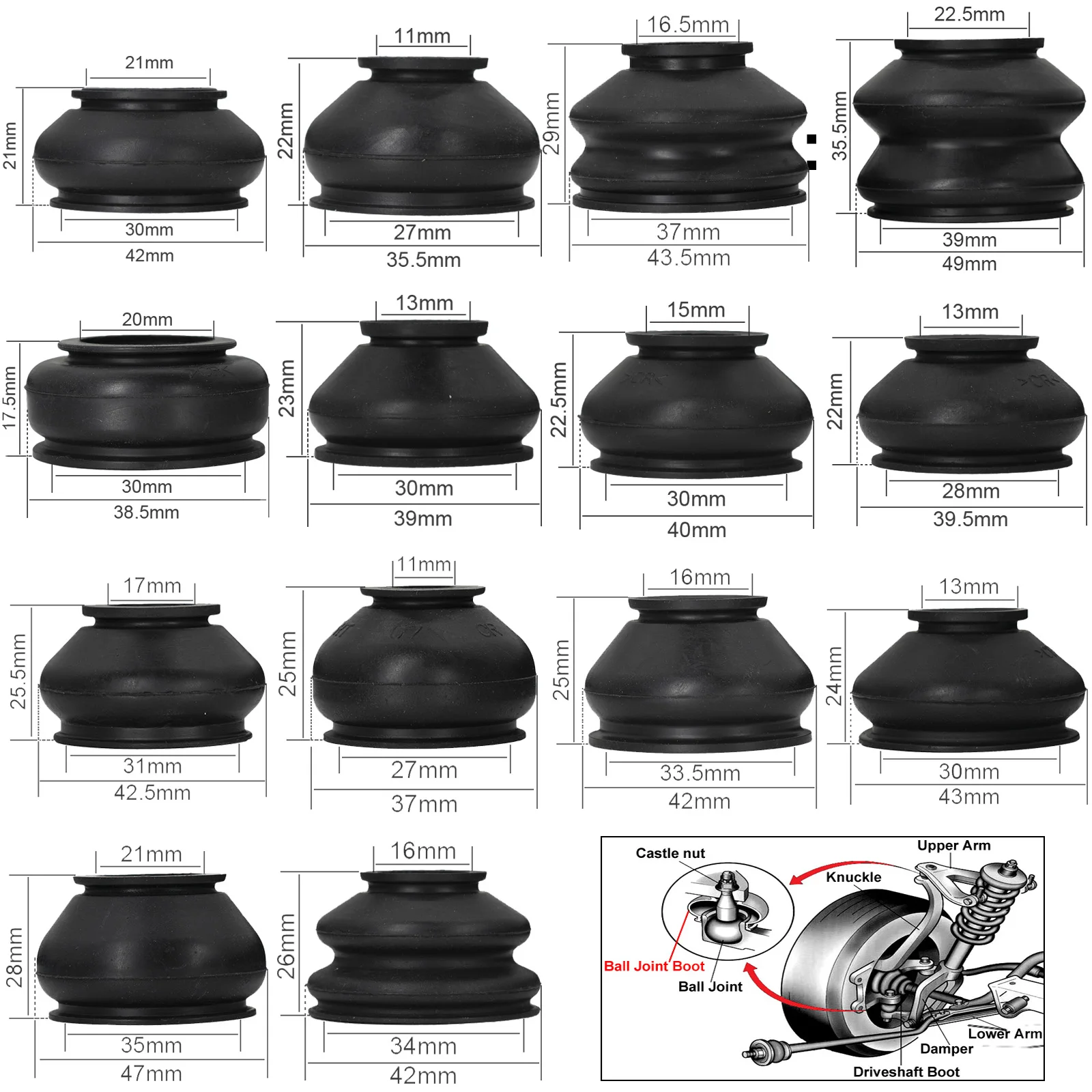 thumbnail image 2 of 6-Piece Universal Ball Joint Boot Set - Silicone Dust Covers For Tie Rod Ends & Steering Components 2 of 11