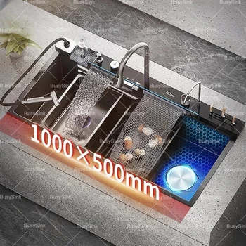 สแตนเลสน้ําตกอ่างล้างจานดิจิตอลจอแสดงผลขนาดใหญ่พิเศษชามเดียวมัลติฟังก์ชั่ครัวเรือนผักอ่างล้างจาน 1