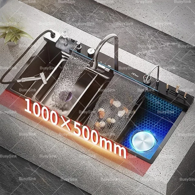 สแตนเลสน้ําตกอ่างล้างจานดิจิตอลจอแสดงผลขนาดใหญ่พิเศษชามเดียวมัลติฟังก์ชั่ครัวเรือนผักอ่างล้างจาน 1