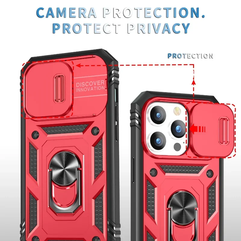 Luxury Slide Camera Lens Protection Armor Case with Military Grade Bumpers and Metal Ring Cover