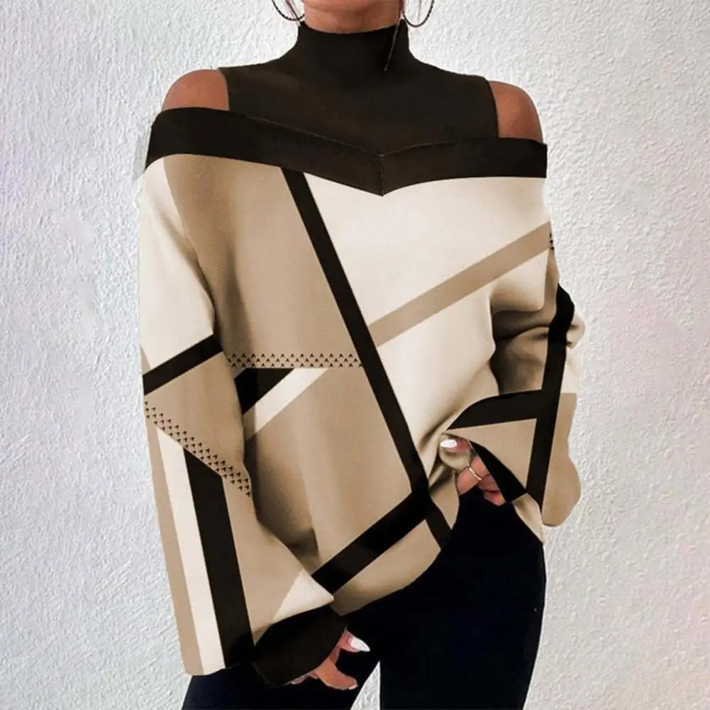 

Women Blouses Autumn Winter Contrast Color Print Tops Half High Collar Cold Shoulder Lantern Long Sleeve Loose Tee Shirt