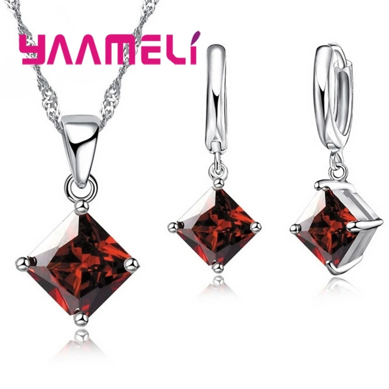 925 Sterling Silver Women Accessories Earrings Jewelry Set Square Shinny CZ Necklace