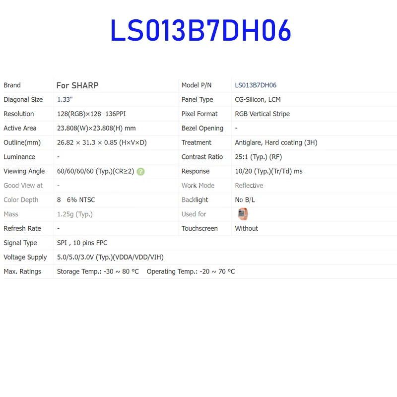 LS013B7DH06 1.33 Inch Original LCD Display Screen Panel for Sharp and ping Tested