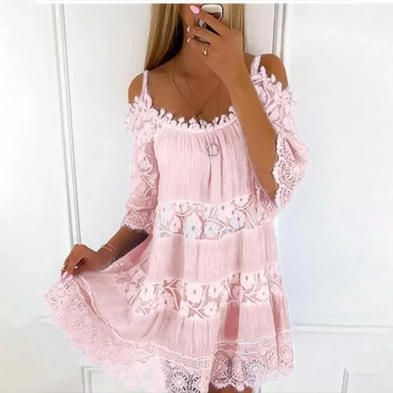 Elegant Women's Lace Dress Crew Neck Short Sleeve Sexy Off-Shoulder Skirt Suspender Fashion 26249