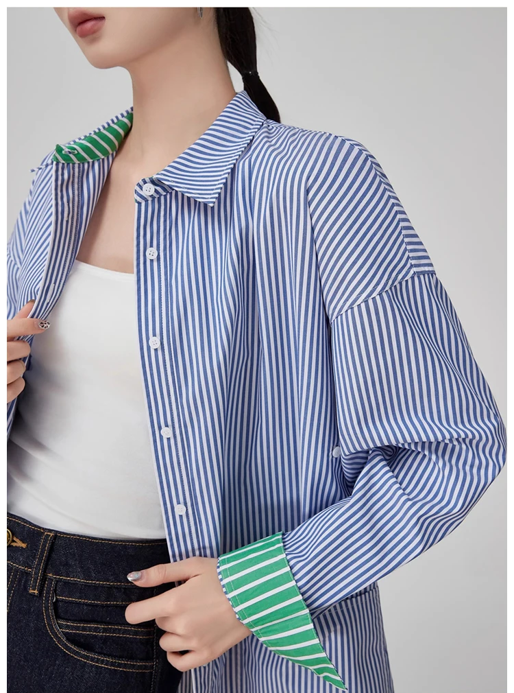 قميص مخطط كبير الحجم للنساء بأكمام طويلة فضفاض مناسب سترة علوية متوسطة الطول بأزرار سفلية ملابس غير رسمية موضة 2025