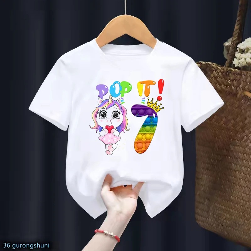 

4th-9th Birthday Girls Unicorn Pop It Graphic Print T-Shirt Tops For Girls/Boys Rainbow Tshirt Kids Clothes Funny Shirt