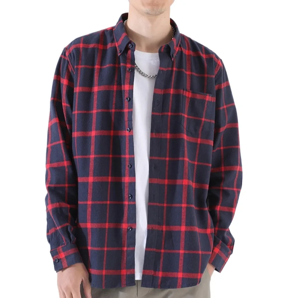 Simple Cotton Men Blouse Button Up Lapel Grid Blouse Women All Match Loose Long Sleeve Overshirts Unisex Students