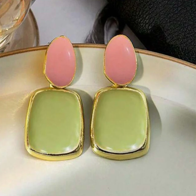 Korean Multicolor Square Dangle Stud Earrings For Women Green Purple Pink Bule Semi-Precious Stone Earrings Pastoral Style stud earrings,dangle earrings