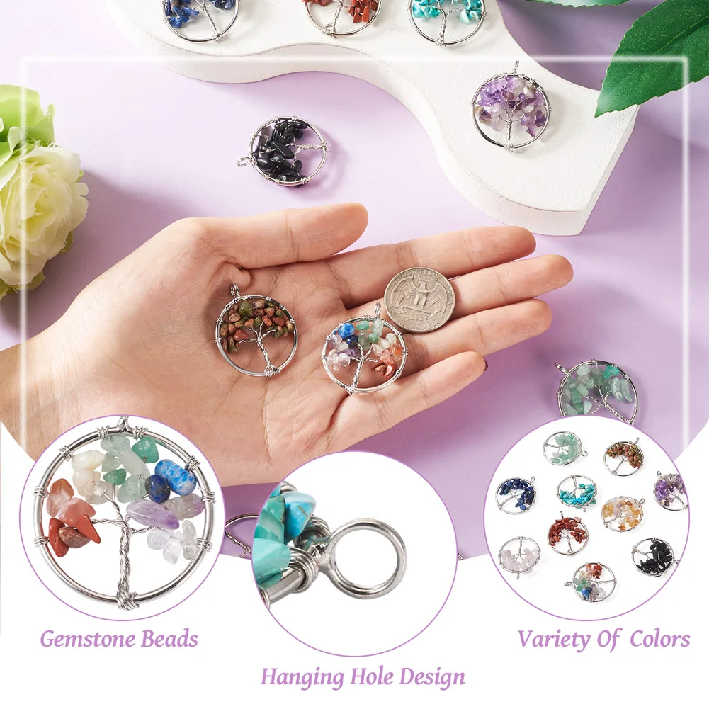 10pcs Natural & Synthetic Gemstone Chakra Crystal Tree Charms Mixed Color Necklace Earring Pendant DIY Jewelry Handcraft Making