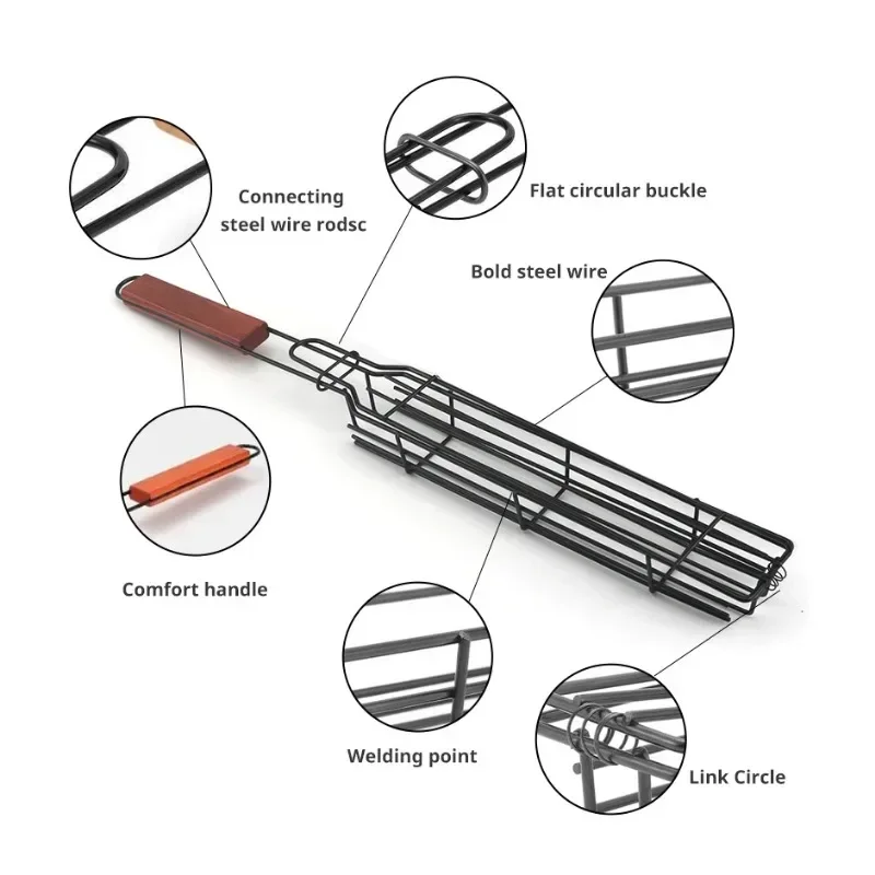 Barbecue Cage Outdoor Camping Barbecue Net Square BBQ Skewers Basket Wooden Handle Meat and Vegetable Barbecue Tube BBQ Tools