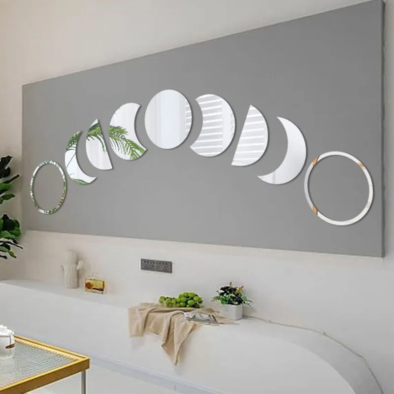 Acrylic Moon Shaped Mirror Wall Stickers Moon Cycle Change Lunar Eclipse Decorative Wall Mirror Art Home Decoration 9pcs/set