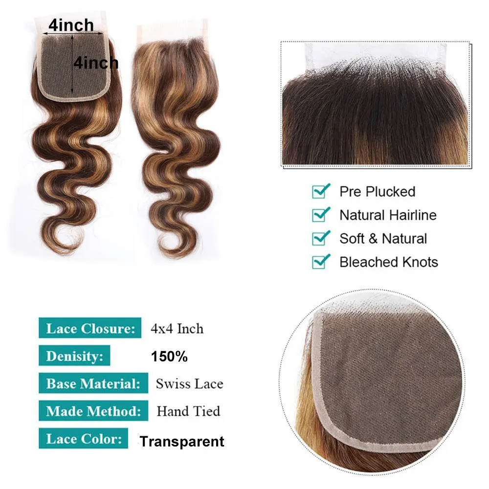 Highlight Body Wave 13x4 Lace Frontal Closure #427 Color Ombre Brown Blonde Human Hair Frontal 4x4 5x5 Highlight Lace Closure