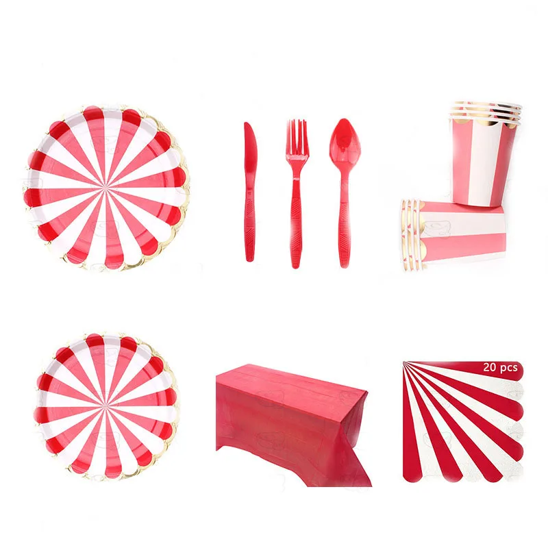 Description Picture 5 of itemCircus Birthday Party Decor Red White Striped Disposable Tableware Sets Plates Cups PE Tablecloth Napkin Knives Forks Supplies