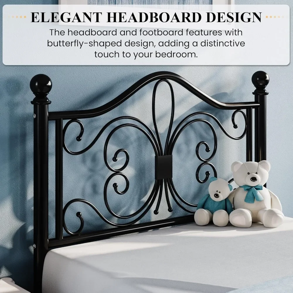 Twin Size Bed Frame for Kids,Metal Bed Frame with Butterfly Pattern Design Headboard and Footboard,No Box Spring Needed