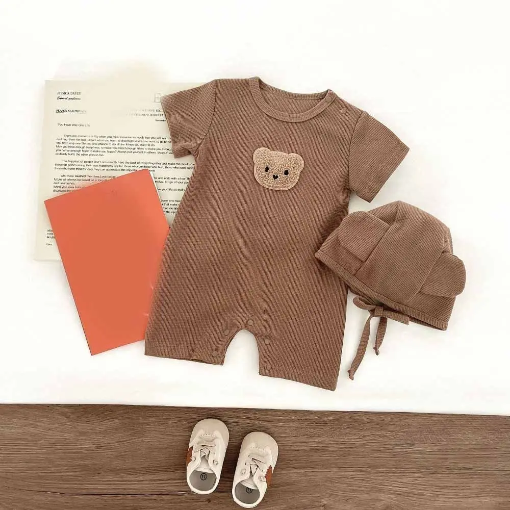 Short Sleeve Baby Romper Pure Cotton Soft Fabric Cartoon Bear Bodysuit Waffle Texture Cute Bear Design Waffle Patch Jumpsuit